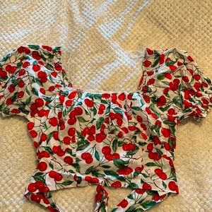 Cider Cherry Print Cap Sleeve Crop Top